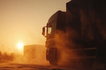 Truck driving on dirt road at sunset with golden haze. Industry, logistics