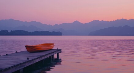 Naklejka premium Peaceful orange boat on dock at lake sunrise