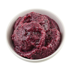 Obraz premium Vibrant black currant sorbet in a small bowl boasting a deep purple hue and zesty flavor on a pristine white backdrop