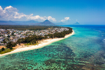 Beach of Flic en Flac with Piton de la Petite Riviere Noire Mauritius. Beautiful Mauritius Island...