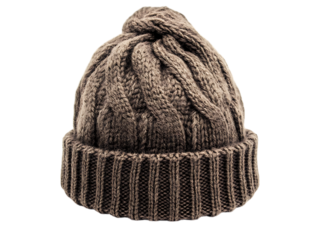 Knitted woolen winter hat, cable knit, brown.