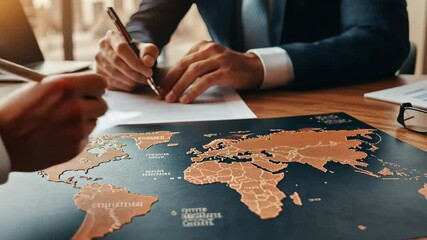 Financial data processing on a world map by a business professional in a modern office setting, financial data processing over world map and businessman - Powered by Adobe