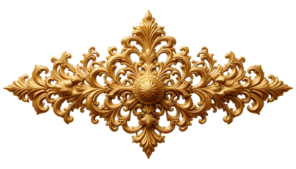A luxurious golden decorative element with intricate filigree patterns and ornate details, symbolizing elegance and opulence, isolated on a transparent background.
