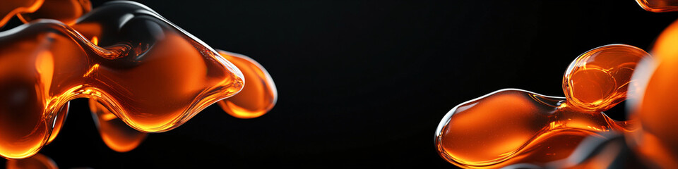 Dark background with abstract shapes suspended in space. Glossy, vibrant orange textures resembling thick, translucent honey or resin. Modern aesthetic. Horizontal banner with copy space.