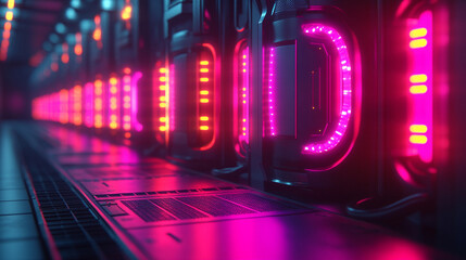 Obraz premium A futuristic 3D-rendered mockup featuring cyber platforms and cables illuminated by glowing neon lights. A space-themed illustration with a modern, high-tech aesthetic, evoking innovation and progress