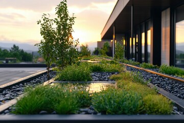 Obraz premium Rooftop garden with greenery, sunset backdrop, offering relaxation for apartment residents
