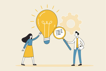 Business viability checking, feasibility study by market research to see possibility to success in real world, evaluate profitable of business idea, businessman with magnifier analyze lightbulb idea.