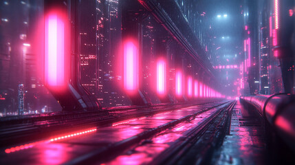 Fototapeta premium A futuristic 3D-rendered mockup featuring cyber platforms and cables illuminated by glowing neon lights. A space-themed illustration with a modern, high-tech aesthetic, evoking innovation and progress