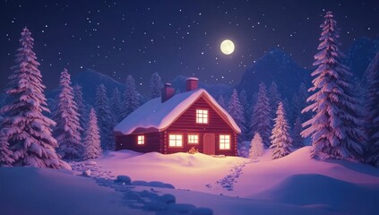 Fototapeta premium Snowy mountain cabin at night, illuminated windows, peaceful scene, stock photo