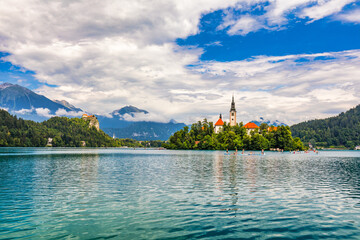 Lake Bled in Slovenia. Beautiful mountains and Bled lake with small Pilgrimage Church. Bled lake...