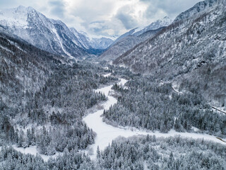 Aerial view of the Lago di Cave del Predil