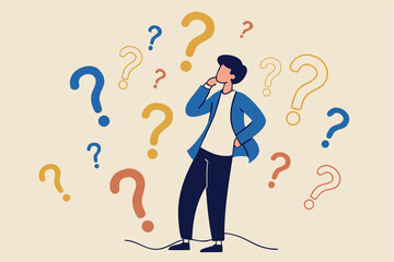Ask questions, FAQ, problem or curiosity, doubt and confusion to be answer, challenge and uncertainty, unknown information or solution concept, contemplation businessman thinking with question marks.