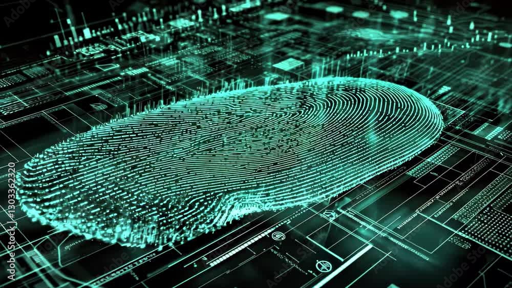 Poster biometric fingerprint processing on digital data background with glowing effects, biometric fingerpr