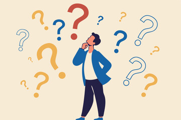 Ask questions, FAQ, problem or curiosity, doubt and confusion to be answer, challenge and uncertainty, unknown information or solution concept, contemplation businessman thinking with question marks.