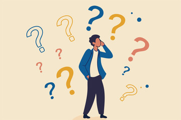 Ask questions, FAQ, problem or curiosity, doubt and confusion to be answer, challenge and uncertainty, unknown information or solution concept, contemplation businessman thinking with question marks.