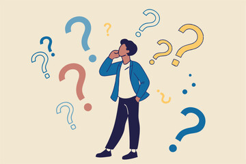 Ask questions, FAQ, problem or curiosity, doubt and confusion to be answer, challenge and uncertainty, unknown information or solution concept, contemplation businessman thinking with question marks.