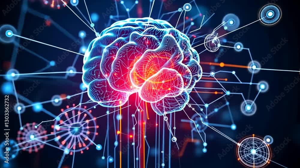 Poster exploring advanced ai a digital brain concept connecting technology with neural networks and data st