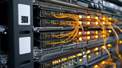 Network connections illuminate server room infrastructure with vibrant cables, network of connections over server room