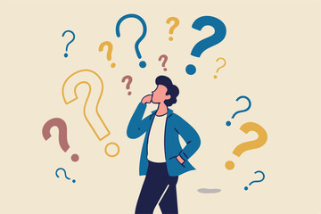 Ask questions, FAQ, problem or curiosity, doubt and confusion to be answer, challenge and uncertainty, unknown information or solution concept, contemplation businessman thinking with question marks.