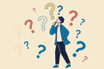 Ask questions, FAQ, problem or curiosity, doubt and confusion to be answer, challenge and uncertainty, unknown information or solution concept, contemplation businessman thinking with question marks.