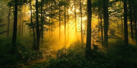 Fototapeta premium Mystic woodland where golden light and mist intertwine over the rich greenery
