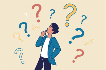Ask questions, FAQ, problem or curiosity, doubt and confusion to be answer, challenge and uncertainty, unknown information or solution concept, contemplation businessman thinking with question marks.