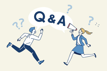 QA, question and answer session, FAQ or frequently asked questions, information to solve problem concept, businessman and woman shouting on megaphone as Q and A on speech bubble.