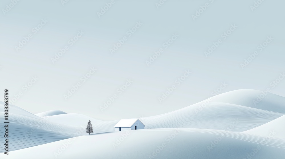 Poster a minimalistic snow-covered landscape with a single house in the distance