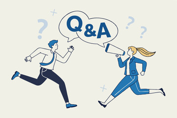 QA, question and answer session, FAQ or frequently asked questions, information to solve problem concept, businessman and woman shouting on megaphone as Q and A on speech bubble.