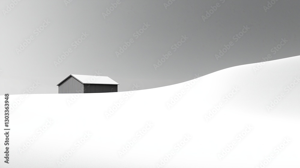 Poster a minimalistic snow-covered landscape with a single house in the distance