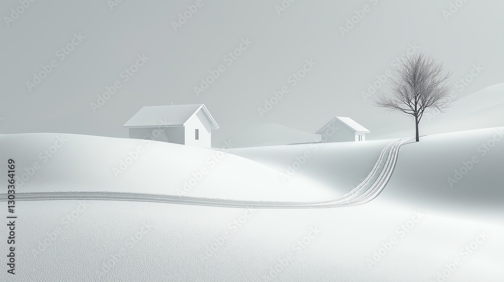 Poster a minimalistic snow-covered landscape with a single house in the distance