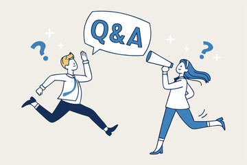 QA, question and answer session, FAQ or frequently asked questions, information to solve problem concept, businessman and woman shouting on megaphone as Q and A on speech bubble.