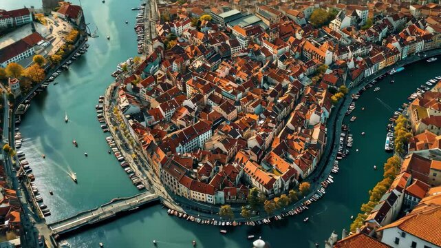 Aerial view showcases Esslingen's charming architecture and waterways on a sunny morning, Aerial view of the city Argos in Greece on a sunny morning