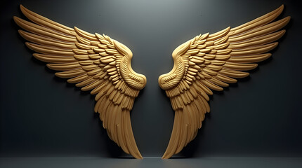 Detailed Textured Golden Carved Wooden Angel Wings Wall Decoration