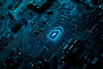 Fototapeta premium Cybersecurity Fortress: The macro shot of a motherboard displays a glowing digital lock, highlighting the crucial role of protection and security in the digital age.