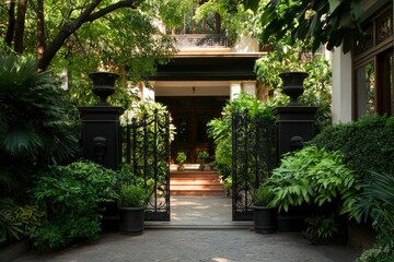 Entrance to luxury home garden with wrought iron gate and green background