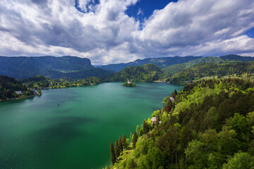 Lake Bled Slovenia. Beautiful mountain Bled lake with small Pilgrimage Church. Most famous...