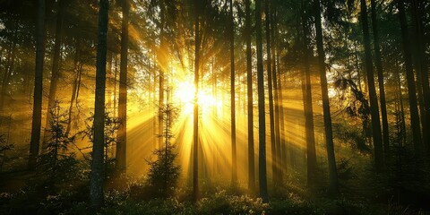 Obraz premium Natureâ€™s natural spotlight: golden sun rays streaming through towering trees