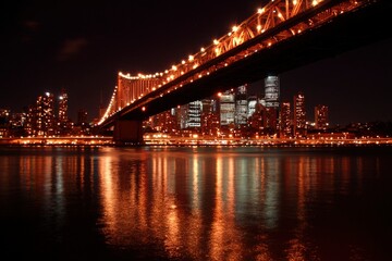 Obraz premium Illuminated bridge over a river at night with skyscrapers in the background