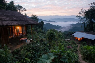 Early morning at a rural hut in a tropical location with mountain background