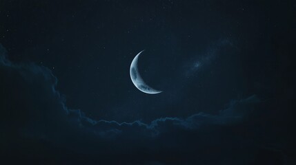 A crescent moon shining alone in a completely dark night sky