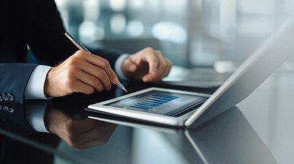 Digital Business Management Concept: A professional analyzes data on a tablet with a stylus, demonstrating the integration of digital tools in business strategy.