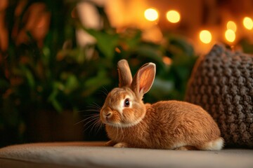 Cute rabbit resting indoors on a cozy couch with plants and blurred lights