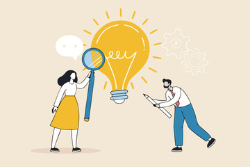 Business viability checking, feasibility study by market research to see possibility to success in real world, evaluate profitable of business idea, businessman with magnifier analyze lightbulb idea.