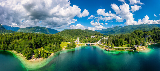 Aerial view of Bohinj lake in Julian Alps. Popular touristic destination in Slovenia. Bohinj Lake,...