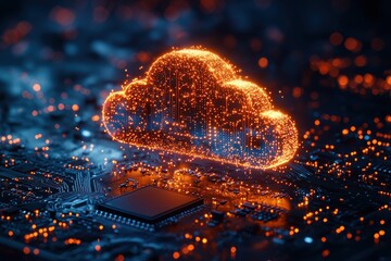 Digital cloud concept with illuminated circuits and futuristic technology visualization