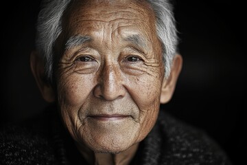 Intimate Portrait of a Kind Elderly Asian Man with Wrinkles and Gray Hair Emphasizing Wisdom