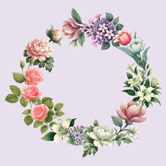 Beautiful round vector floral frame illustration on light blue background
