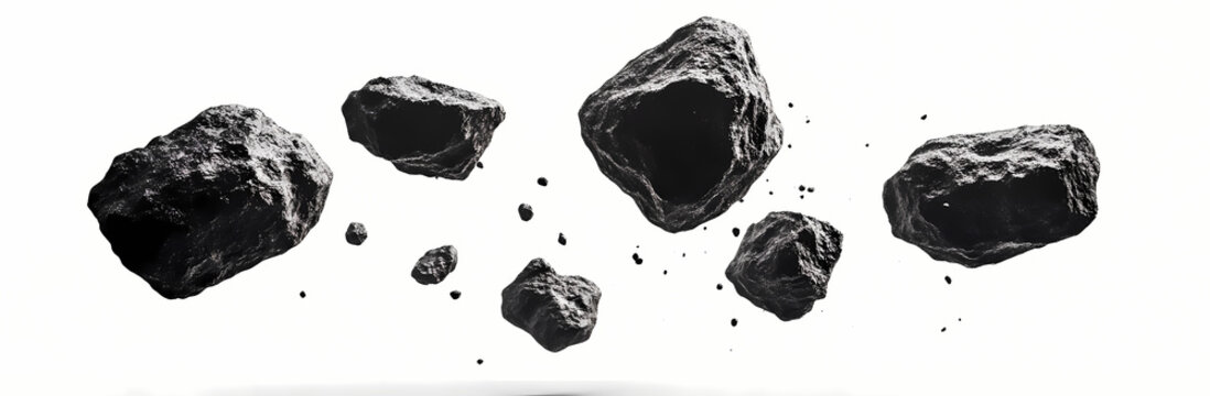 Meteor Shower: A cluster of dark, rugged meteorites appears to float against an unknown backdrop, hinting at cosmic events, interstellar journeys and celestial wonders.