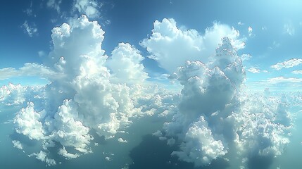 Obraz premium Aerial view, puffy clouds, ocean, bright sky